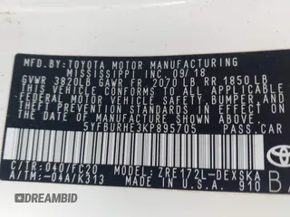 2019 Toyota Corolla L with VIN 5YFBURHE3KP895705, listed as a IAAI auction lot 42034995 with 173,719 mi miles and . Bid and sale history available at DreamBid. Image 9.