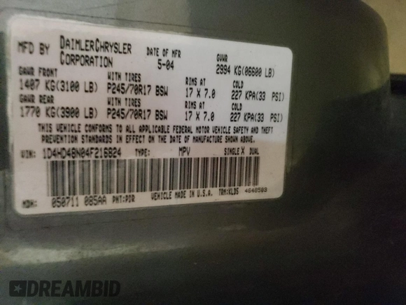 2004 Dodge Durango SLT z VIN 1D4HD48N04F216824, wystawiony jako Copart lot #87756545 z przebiegiem Nie podano mil oraz Nie do naprawy • Non repairable. Historia ofert i sprzedaży dostępna na DreamBid. Obrazek 13.