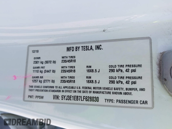 2020 Tesla Model 3 Long Range z VIN 5YJ3E1EB7LF628030, wystawiony jako IAAI lot #42357277 z przebiegiem 82 379 mil mil oraz . Historia ofert i sprzedaży dostępna na DreamBid. Obrazek 9.