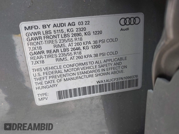 2022 Audi Q3 Premium with VIN WA1AUCF37N1096376, listed as a IAAI auction lot 41803368 with 39,168 mi miles and . Bid and sale history available at DreamBid. Image 9.