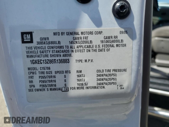 2006 GMC Yukon SLT z VIN 1GKEC13Z86R136883, wystawiony jako Copart lot #54771355 z przebiegiem 184 641 mil mil oraz Szkoda całkowita • Salvage title. Historia ofert i sprzedaży dostępna na DreamBid. Obrazek 14.