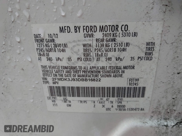 2013 Ford Edge SEL with VIN 2FMDK3J93DBB16822, listed as a IAAI auction lot 41995178 with 242,376 mi miles. Bid and sale history available at carsss.com. Image 9.