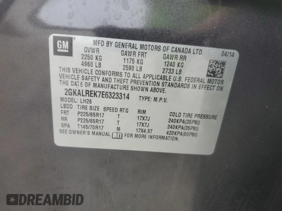 2014 GMC Terrain SLE с VIN 2GKALREK7E6323314, выставлен на аукционе Copart как лот 60836975 с пробегом 66 663 миль миль и Списание • Salvage title. История ставок и продаж доступна на DreamBid. Изображение 13.