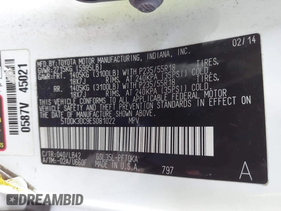 2014 Toyota Sienna Ltd with VIN 5TDDK3DC9ES081022, listed as a IAAI auction lot 41183921 with 1 mi miles. Bid and sale history available at carsss.com. Image 9.
