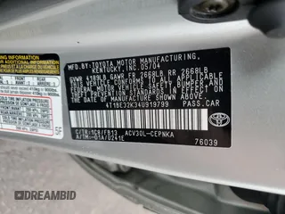 2004 Toyota Camry LE z VIN 4T1BE32K34U919799, wystawiony jako Copart lot #56546535 z przebiegiem 75 033 mil mil oraz Szkoda całkowita • Salvage title. Historia ofert i sprzedaży dostępna na DreamBid. Obrazek 12.
