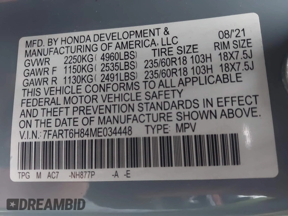 2021 Honda CR-V EX-L с VIN 7FART6H84ME034448, выставлен на аукционе IAAI как лот 42442337 с пробегом 32 623 миль миль и . История ставок и продаж доступна на DreamBid. Изображение 9.