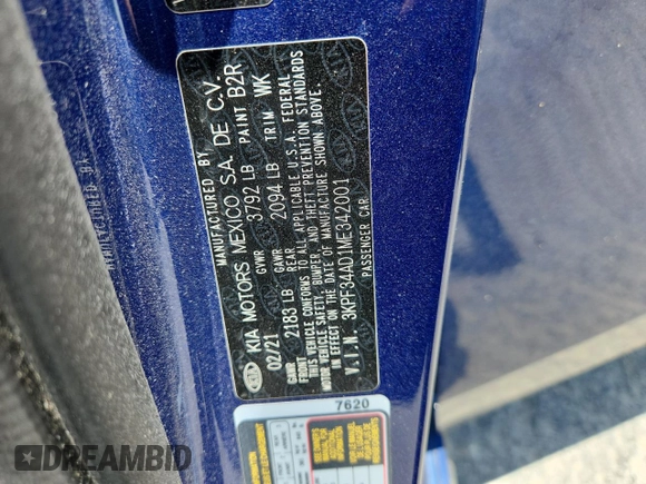2021 Kia Forte GT-Line with VIN 3KPF34AD1ME342001, listed as a Copart auction lot 62531695 with 40,448 mi miles and Salvage title. Bid and sale history available at DreamBid. Image 12.