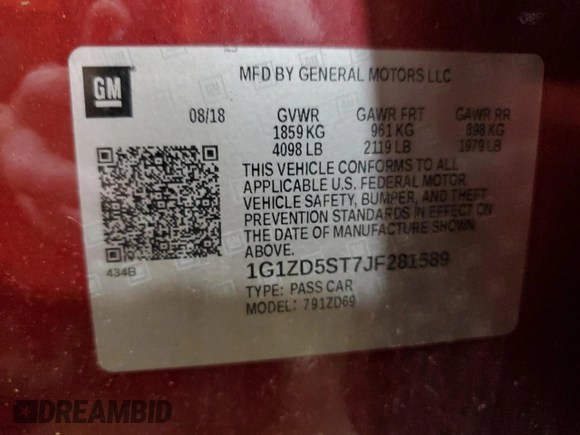 2018 Chevrolet Malibu LT with VIN 1G1ZD5ST7JF281589, listed as a Copart auction lot 54749275 with 29,323 mi miles and Salvage Title. Bid and sale history available at carsss.com. Image 12.