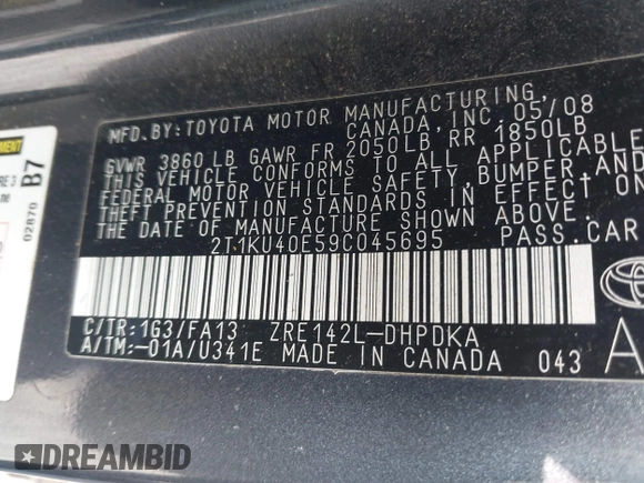 2009 Toyota Matrix with VIN 2T1KU40E59C045695, listed as a IAAI auction lot 40704306 with 140,015 mi miles and . Bid and sale history available at DreamBid. Image 9.