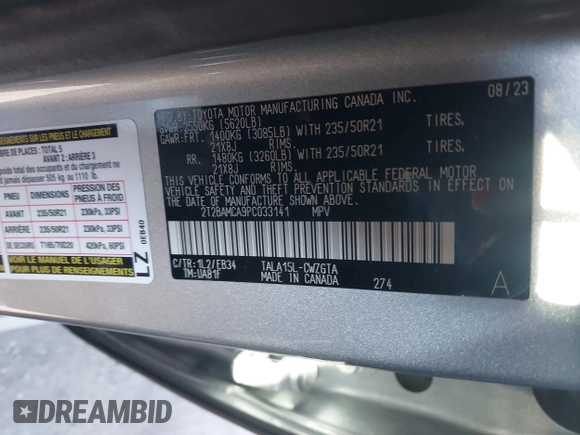 2023 Lexus RX 350 с VIN 2T2BAMCA9PC033141, выставлен на аукционе IAAI как лот 41340020 с пробегом 32 767 миль миль и . История ставок и продаж доступна на DreamBid. Изображение 9.