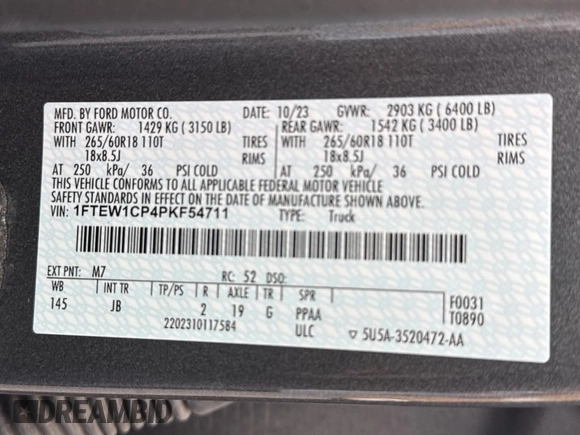 2023 Ford F-150 XL with VIN 1FTEW1CP4PKF54711, listed as a Copart auction lot 64622945 with 3,801 mi miles and Clean title. Bid and sale history available at DreamBid. Image 10.