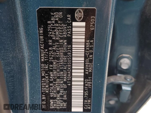 2025 Toyota Camry LE with VIN 4T1DAACK8SU558316, listed as a Copart auction lot 53994435 with 12,327 mi miles and Non Repairable. Bid and sale history available at DreamBid. Image 12.