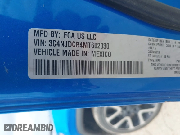 2021 Jeep Compass Limited с VIN 3C4NJDCB4MT602030, выставлен на аукционе IAAI как лот 41752693 с пробегом Не указан миль и . История ставок и продаж доступна на DreamBid. Изображение 9.