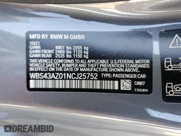 2022 BMW M4 Competition xDrive with VIN WBS43AZ01NCJ25752, listed as a Copart auction lot 38165123 with 17,021 mi miles. Bid and sale history available at carsss.com. Image 14.