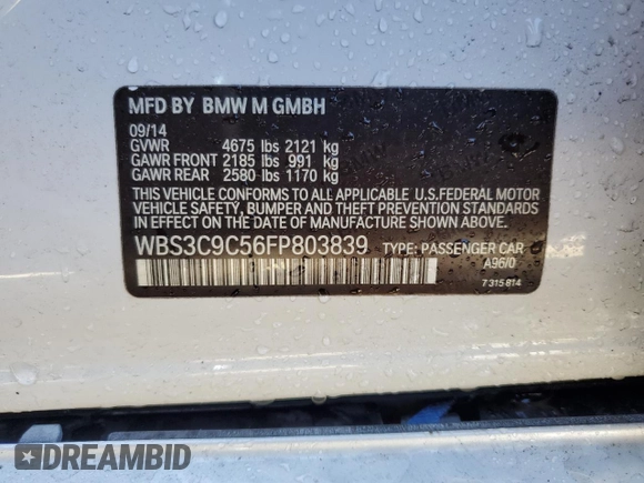 2015 BMW M3 with VIN WBS3C9C56FP803839, listed as a Copart auction lot 70249643 with 123,655 mi miles. Bid and sale history available at carsss.com. Image 13.