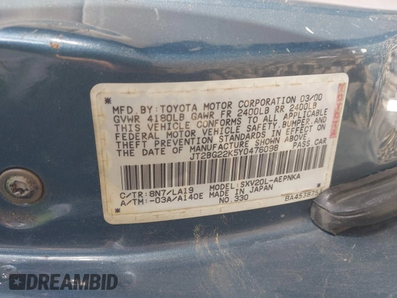 2000 Toyota Camry CE z VIN JT2BG22K5Y0476098, wystawiony jako IAAI lot #42200385 z przebiegiem Nie podano mil oraz . Historia ofert i sprzedaży dostępna na DreamBid. Obrazek 9.