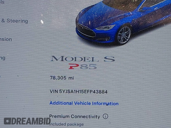 2014 Tesla Model S 60 with VIN 5YJSA1H15EFP43884, listed as a IAAI auction lot 41993180 with 78,305 mi miles and . Bid and sale history available at DreamBid. Image 14.