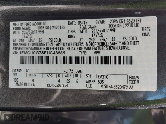 2015 Ford Escape SE with VIN 1FMCU0G78FUC43685, listed as a IAAI auction lot 42189242 with 81,437 mi miles. Bid and sale history available at carsss.com. Image 9.