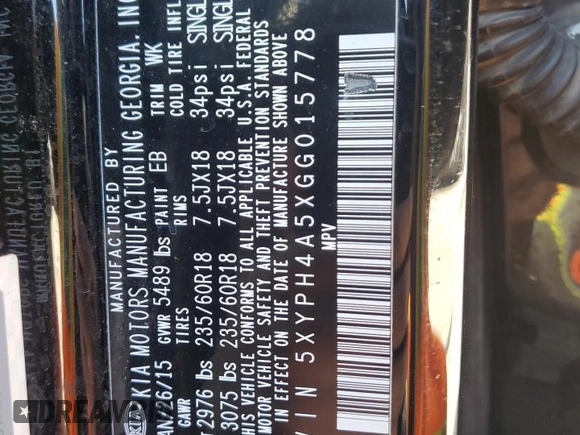 2016 Kia Sorento EX with VIN 5XYPH4A5XGG015778, listed as a Copart auction lot 48188045 with 179,479 mi miles and Salvage Title. Bid and sale history available at DreamBid. Image 15.