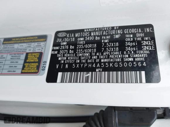 2019 Kia Sorento EX V6 with VIN 5XYPH4A55KG500564, listed as a IAAI auction lot 41169310 with 89,902 mi miles. Bid and sale history available at carsss.com. Image 9.