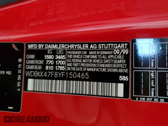 2000 Mercedes-Benz SLK 230 Kompressor with VIN WDBKK47F8YF150465, listed as a Copart auction lot 82610754 with 87,581 mi miles and Clean title. Bid and sale history available at DreamBid. Image 12.