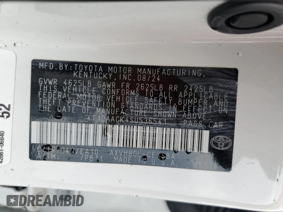2025 Toyota Camry LE z VIN 4T1DAACK4SU536541, wystawiony jako Copart lot #56383535 z przebiegiem Nie podano mil oraz Szkoda całkowita • Salvage title. Historia ofert i sprzedaży dostępna na DreamBid. Obrazek 13.