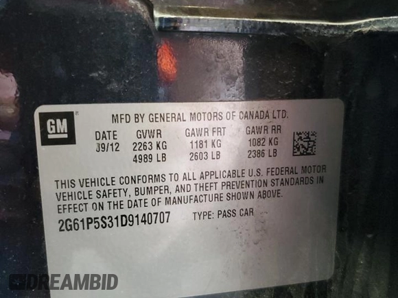 2013 Cadillac XTS Luxury with VIN 2G61P5S31D9140707, listed as a Copart auction lot 59008905 with 93,427 mi miles and Salvage title. Bid and sale history available at DreamBid. Image 13.