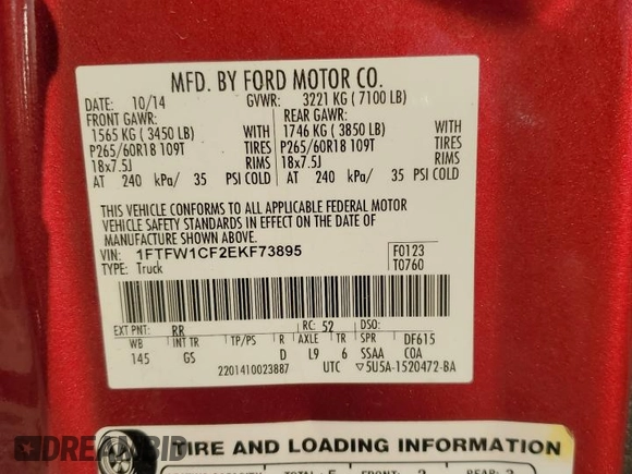 2014 Ford F-150 XL with VIN 1FTFW1CF2EKF73895, listed as a Copart auction lot 53719775 with 173,312 mi miles and Salvage Title. Bid and sale history available at carsss.com. Image 12.