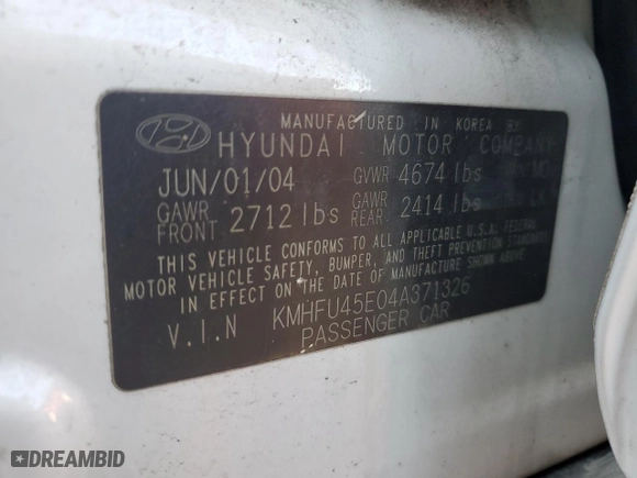 2004 Hyundai XG350 with VIN KMHFU45E04A371326, listed as a Copart auction lot 76480844 with 0 mi miles and Non Repairable. Bid and sale history available at carsss.com. Image 13.