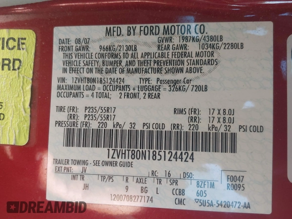 2008 Ford Mustang Deluxe with VIN 1ZVHT80N185124424, listed as a IAAI auction lot 42216870 with 45,660 mi miles and . Bid and sale history available at DreamBid. Image 9.