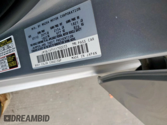 2012 Mazda 3 i Touring с VIN JM1BL1V71C1700233, выставлен на аукционе Copart как лот 59582225 с пробегом 60 092 миль миль и Списание • Salvage title. История ставок и продаж доступна на DreamBid. Изображение 12.