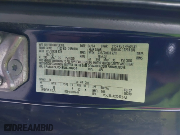 2014 Ford Escape Titanium with VIN 1FMCU9JX4EUD30964, listed as a IAAI auction lot 41772153 with 179,481 mi miles and . Bid and sale history available at DreamBid. Image 9.