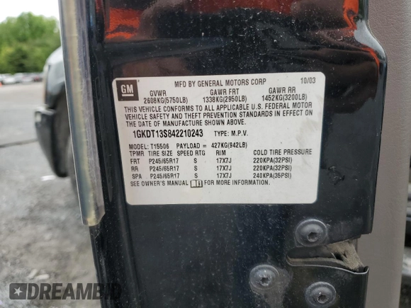 2004 GMC Envoy SLT with VIN 1GKDT13S842210243, listed as a Copart auction lot 55672595 with 148,232 mi miles and Clean Title. Bid and sale history available at DreamBid. Image 13.