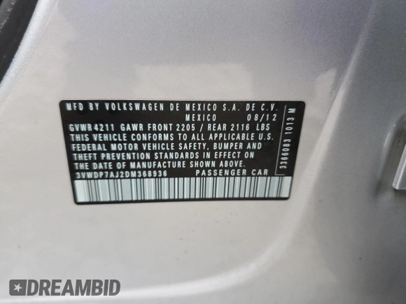 2013 Volkswagen Jetta SE z VIN 3VWDP7AJ2DM368936, wystawiony jako Copart lot #57335015 z przebiegiem Nie podano mil oraz Czysty tytuł • Clean title. Historia ofert i sprzedaży dostępna na DreamBid. Obrazek 12.