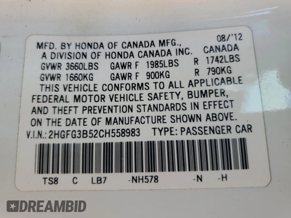 2012 Honda Civic Cpe LX with VIN 2HGFG3B52CH558983, listed as a Copart auction lot 52414665 with 79,925 mi miles and Salvage Title. Bid and sale history available at carsss.com. Image 12.
