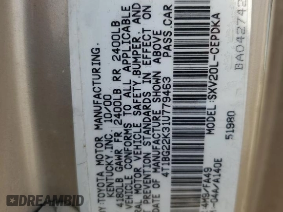 2001 Toyota Camry CE with VIN 4T1BG22K31U779463, listed as a Copart auction lot 48404105 with 153,702 mi miles and Salvage Title. Bid and sale history available at carsss.com. Image 12.