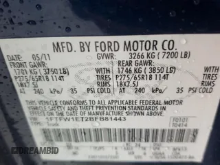 2011 Ford F-150 XLT with VIN 1FTFW1ET2BFB81443, listed as a Copart auction lot 46299165 with 250,287 mi miles and Salvage Title. Bid and sale history available at carsss.com. Image 14.