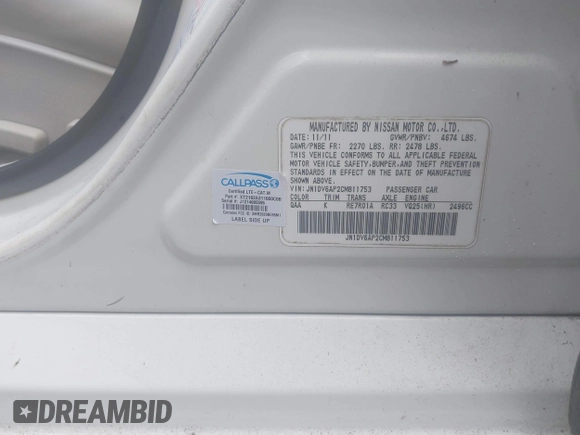 2012 Infiniti G25 Journey z VIN JN1DV6AP2CM811753, wystawiony jako IAAI lot #42080459 z przebiegiem Nie podano mil oraz . Historia ofert i sprzedaży dostępna na DreamBid. Obrazek 9.