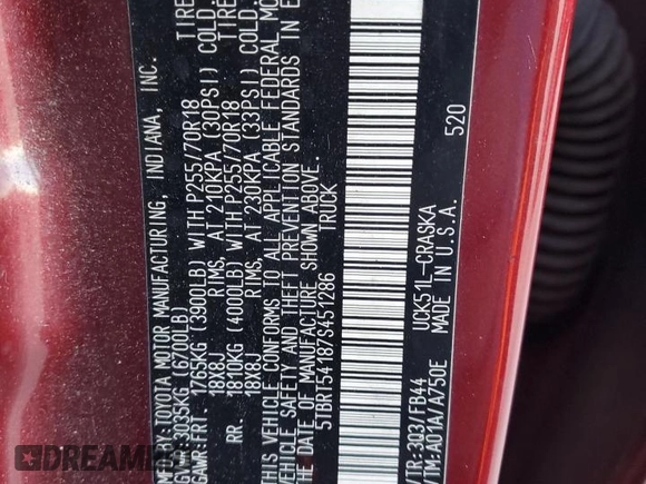 2007 Toyota Tundra SR5 with VIN 5TBRT54187S451286, listed as a Copart auction lot 42218595 with Not Provided miles and Salvage Title. Bid and sale history available at DreamBid. Image 12.