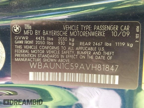 2010 BMW 1 Series 128i with VIN WBAUN1C59AVH81847, listed as a IAAI auction lot 40496951 with 148,463 mi miles and . Bid and sale history available at DreamBid. Image 9.