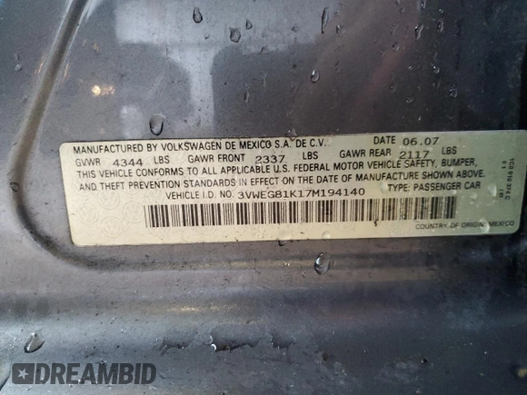 2007 Volkswagen Jetta с VIN 3VWEG81K17M194140, выставлен на аукционе Copart как лот 43654935 с пробегом 90 599 миль миль и На запчасти • Non repairable. История ставок и продаж доступна на DreamBid. Изображение 12.