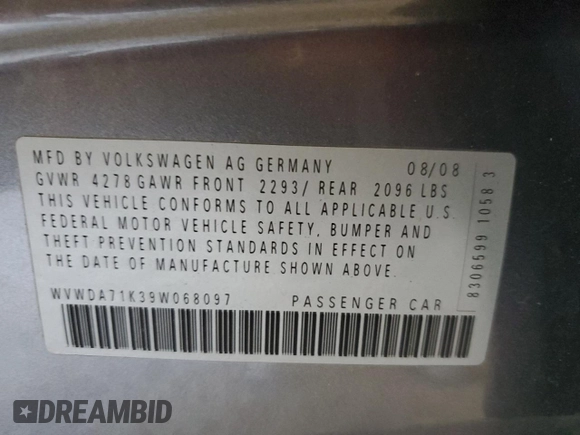 2009 Volkswagen Rabbit S with VIN WVWDA71K39W068097, listed as a Copart auction lot 88884305 with 134,312 mi miles and Salvage title. Bid and sale history available at DreamBid. Image 16.