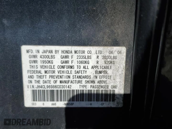 2006 Acura TSX Navi with VIN JH4CL96986C030142, listed as a Copart auction lot 53271195 with 198,703 mi miles and Clean title. Bid and sale history available at DreamBid. Image 13.