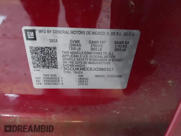 2018 Chevrolet Silverado 1500 LT with VIN 3GCUKREC0JG580317, listed as a IAAI auction lot 41868522 with 75,738 mi miles. Bid and sale history available at carsss.com. Image 9.