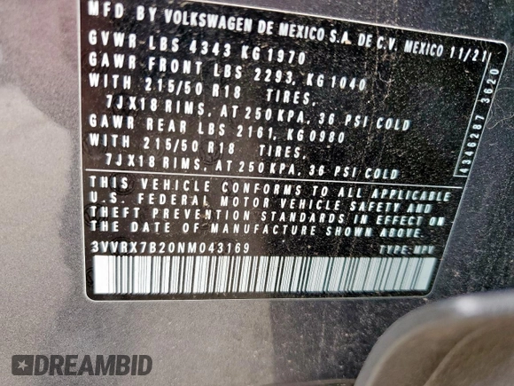 2022 Volkswagen Taos SE с VIN 3VVRX7B20NM043169, выставлен на аукционе Copart как лот 57430465 с пробегом 19 214 миль миль и Списание • Salvage title. История ставок и продаж доступна на DreamBid. Изображение 13.