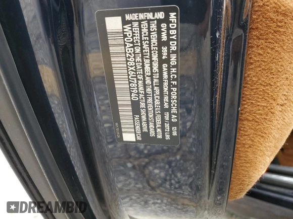2006 Porsche Cayman S с VIN WP0AB298X6U781940, выставлен на аукционе Copart как лот 70092204 с пробегом 116 506 миль миль и Списание • Salvage title. История ставок и продаж доступна на DreamBid. Изображение 12.