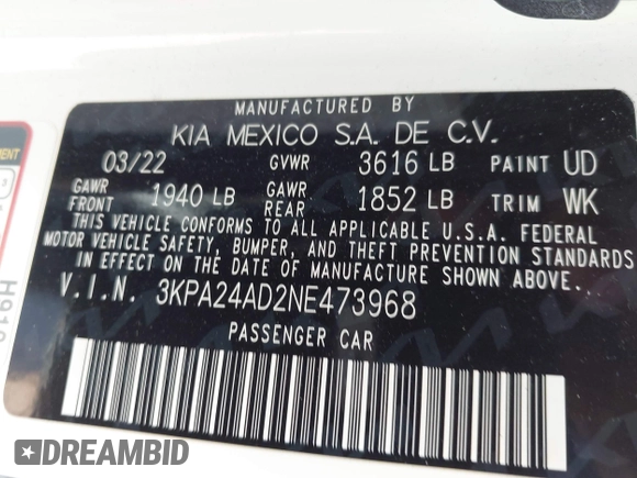 2022 Kia Rio S with VIN 3KPA24AD2NE473968, listed as a IAAI auction lot 42170326 with 42,676 mi miles and . Bid and sale history available at DreamBid. Image 9.