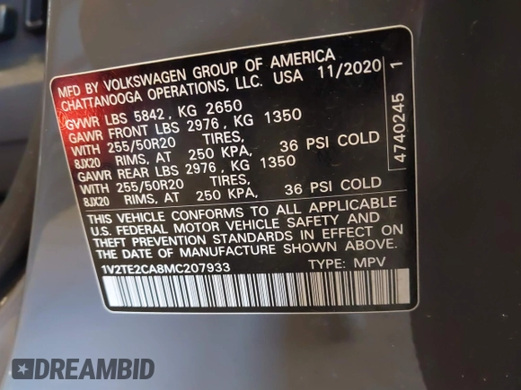 2021 Volkswagen Atlas SEL Premium with VIN 1V2TE2CA8MC207933, listed as a IAAI auction lot 41823640 with 64,425 mi miles and . Bid and sale history available at DreamBid. Image 9.