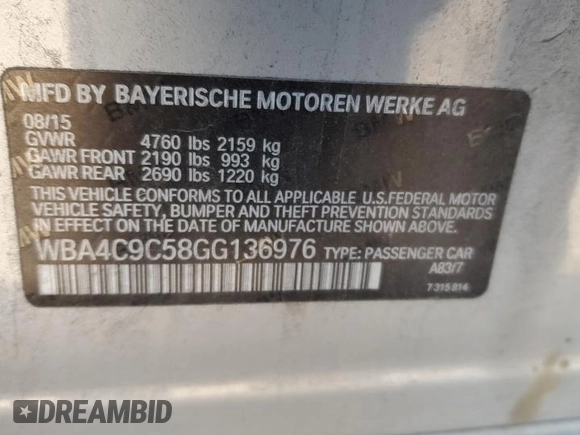 2016 BMW 4 Series 428i xDrive with VIN WBA4C9C58GG136976, listed as a Copart auction lot 89408475 with 66,593 mi miles and Salvage Title. Bid and sale history available at DreamBid. Image 12.