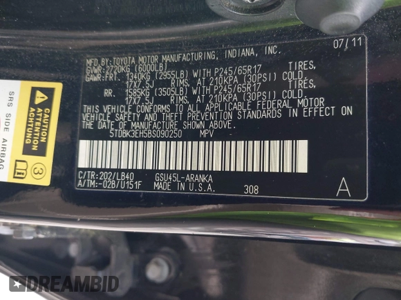 2011 Toyota Highlander z VIN 5TDBK3EH5BS090250, wystawiony jako IAAI lot #42216937 z przebiegiem 191 201 mil mil oraz . Historia ofert i sprzedaży dostępna na DreamBid. Obrazek 9.